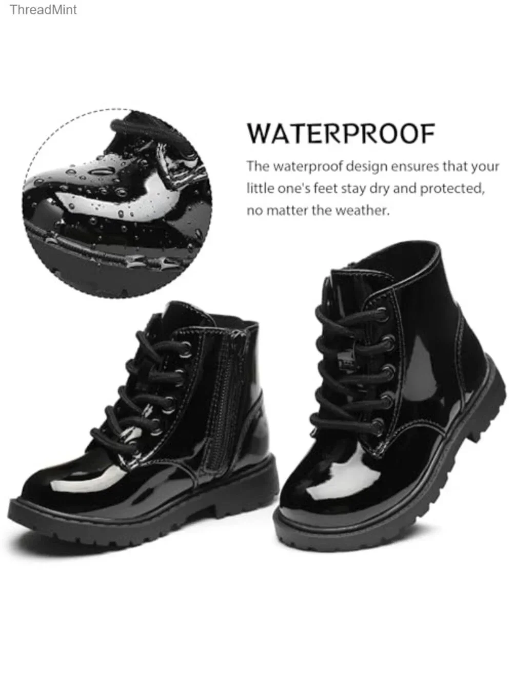 Girls Faux Leather Combat Ankle Boots with Side Zipper, Waterproof, Low Heel